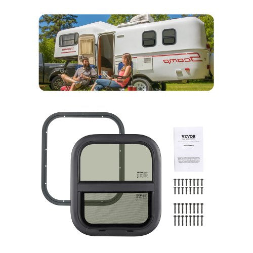 Vertical RV Window, 14" W x 16" H Tinted Sliding RV Window with Net Screen & Trim Ring, Fit 15/16" - 1 3/4" Thickness Wall, RV Window Replacement for Teardrop Cargo Trailer Camper, DOT Approved