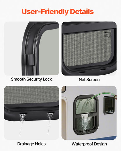 Vertical RV Window, 14" W x 16" H Tinted Sliding RV Window with Net Screen & Trim Ring, Fit 15/16" - 1 3/4" Thickness Wall, RV Window Replacement for Teardrop Cargo Trailer Camper, DOT Approved