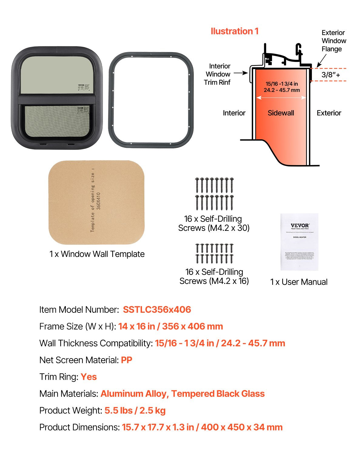 Vertical RV Window, 14" W x 16" H Tinted Sliding RV Window with Net Screen & Trim Ring, Fit 15/16" - 1 3/4" Thickness Wall, RV Window Replacement for Teardrop Cargo Trailer Camper, DOT Approved