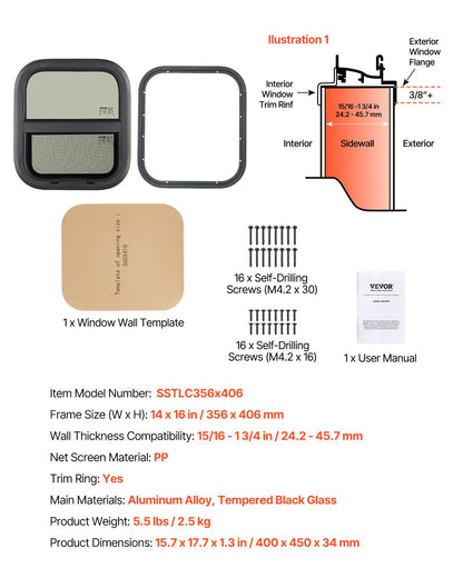 Vertical RV Window, 14" W x 16" H Tinted Sliding RV Window with Net Screen & Trim Ring, Fit 15/16" - 1 3/4" Thickness Wall, RV Window Replacement for Teardrop Cargo Trailer Camper, DOT Approved