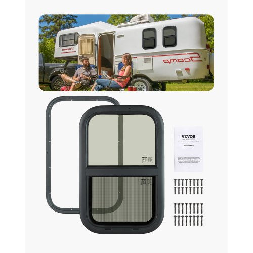 Vertical RV Window, 14" W x 22" H Tinted Sliding RV Window with Net Screen & Trim Ring, Fit 15/16" - 1 3/4" Thickness Wall, RV Window Replacement for Teardrop Cargo Trailer Camper, DOT Approved
