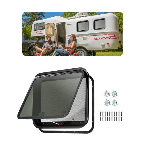 RV Exit Window, 30" W x 22" H Tinted RV Window with Net Screen and Trim Ring, Fit for 1 1/4" - 1 13/16" Thickness Wall, RV Window Replacement for Teardrop Cargo Trailer Camper, DOT Approved