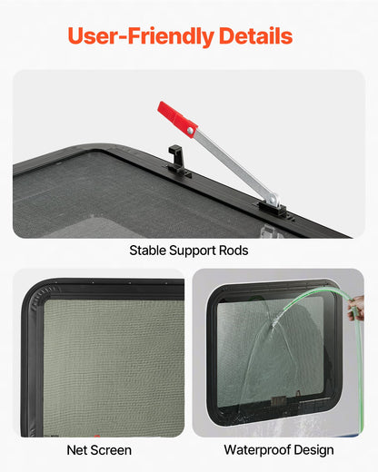 RV Exit Window, 30" W x 22" H Tinted RV Window with Net Screen and Trim Ring, Fit for 1 1/4" - 1 13/16" Thickness Wall, RV Window Replacement for Teardrop Cargo Trailer Camper, DOT Approved