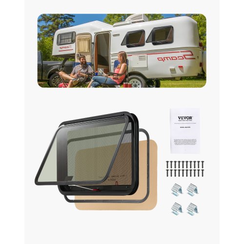 RV Exit Window, 36" W x 22" H Tinted RV Window with Net Screen and Trim Ring, Fit for 1 1/4" - 1 13/16" Thickness Wall, RV Window Replacement for Teardrop Cargo Trailer Camper, DOT Approved
