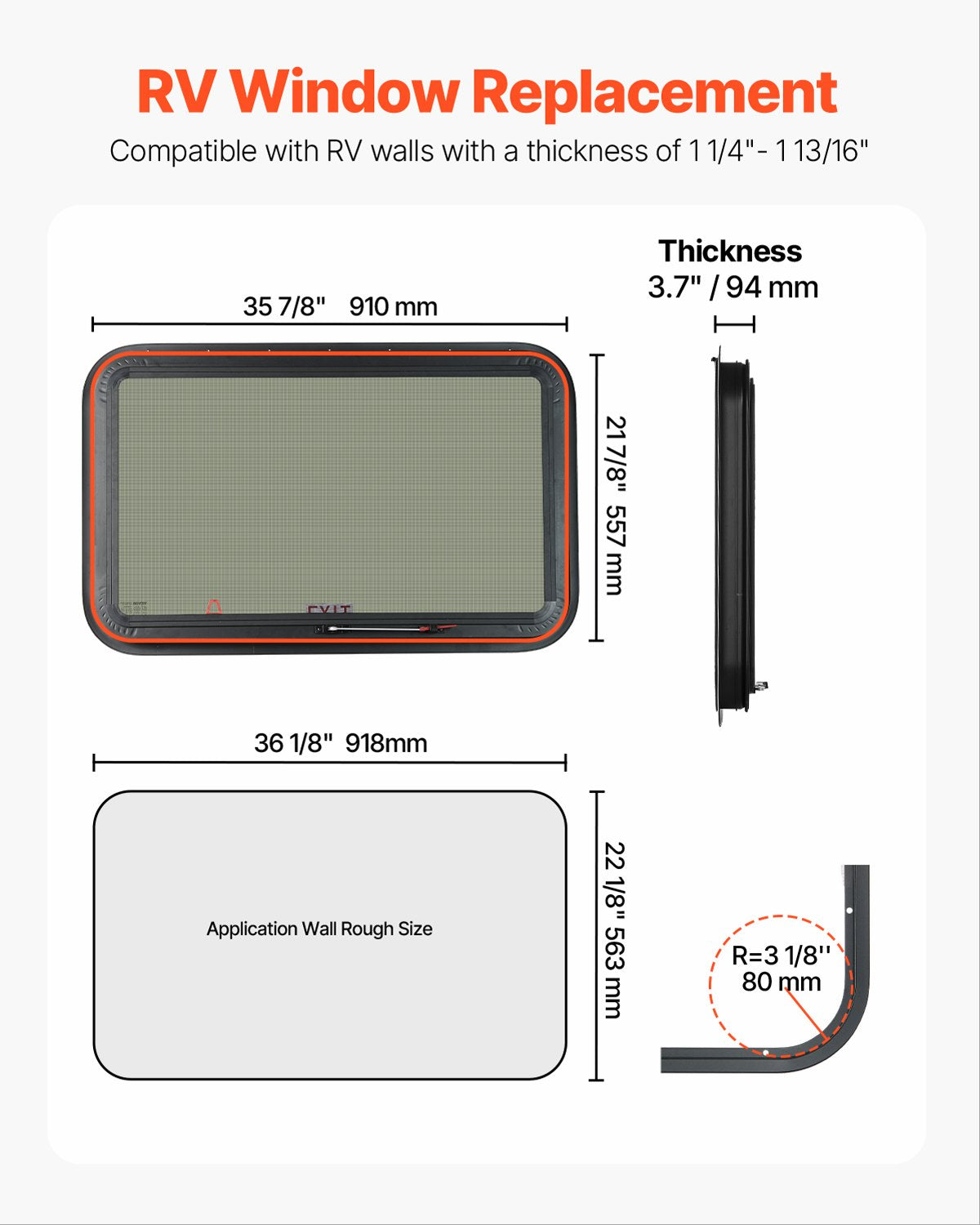 RV Exit Window, 36" W x 22" H Tinted RV Window with Net Screen and Trim Ring, Fit for 1 1/4" - 1 13/16" Thickness Wall, RV Window Replacement for Teardrop Cargo Trailer Camper, DOT Approved