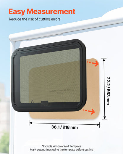 RV Exit Window, 36" W x 22" H Tinted RV Window with Net Screen and Trim Ring, Fit for 1 1/4" - 1 13/16" Thickness Wall, RV Window Replacement for Teardrop Cargo Trailer Camper, DOT Approved