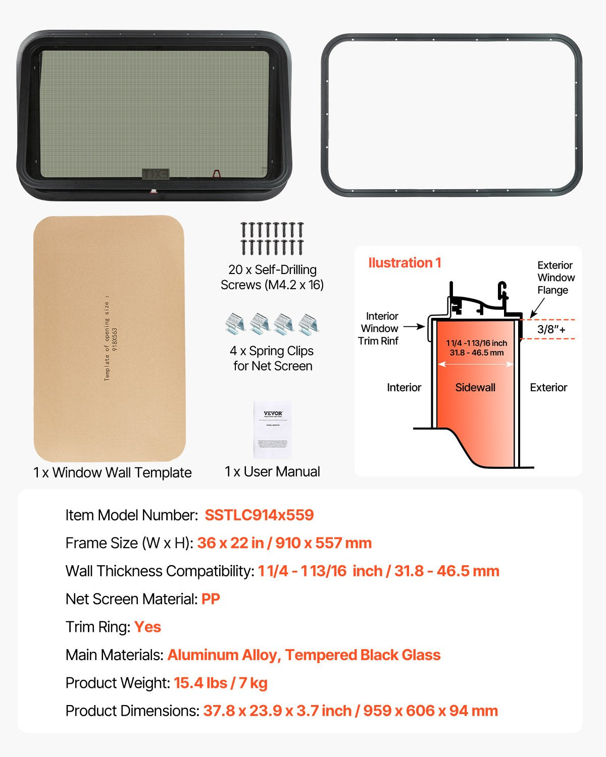 RV Exit Window, 36" W x 22" H Tinted RV Window with Net Screen and Trim Ring, Fit for 1 1/4" - 1 13/16" Thickness Wall, RV Window Replacement for Teardrop Cargo Trailer Camper, DOT Approved