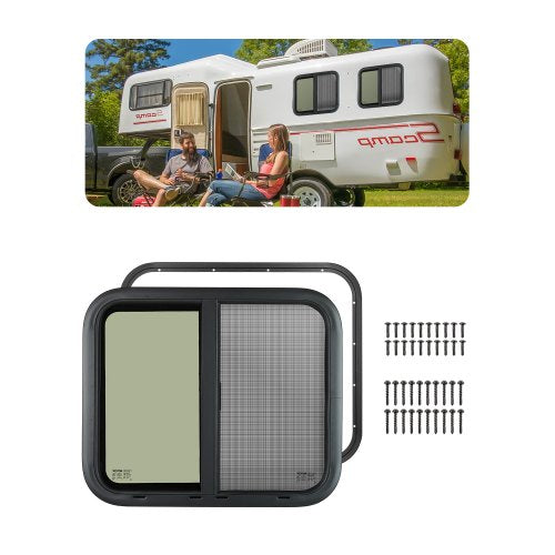 Horizontal RV Window, 24" W x 20" H Tinted Sliding RV Window with Net Screen & Trim Ring, Fit 15/16"-1 3/4" Thickness Wall, RV Window Replacement for Teardrop Cargo Trailer Camper, DOT Approved