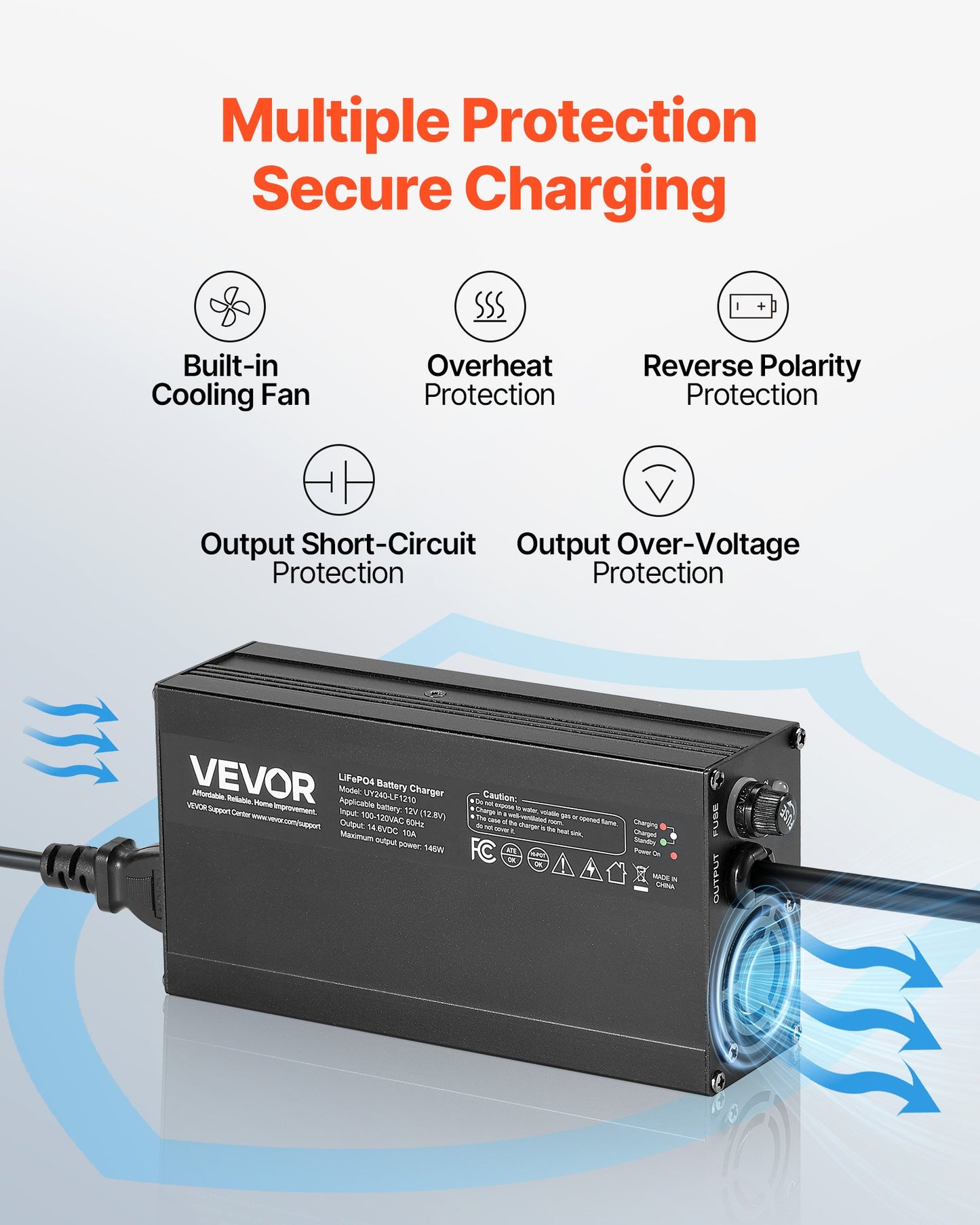 12V 10A Lithium Battery Charger, 14.6V, AC-DC LiFePO4 Smart Charger, with Anderson Connector, LED Indicator, 0V Activation, for Lithium LiFePO4 Deep Cycle Rechargeable Batteries of Boat, RV