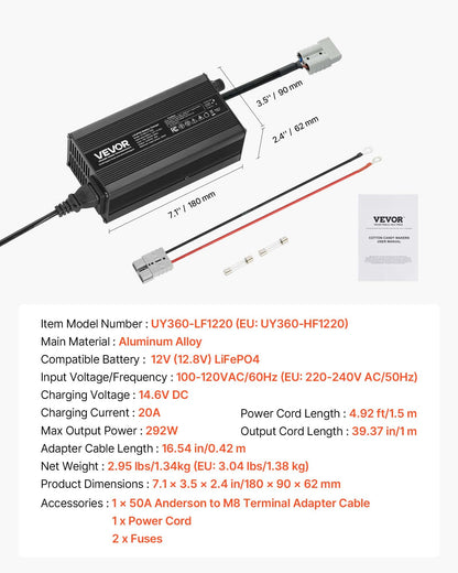 12V 20A Lithium Battery Charger, 14.6V, AC-DC LiFePO4 Smart Charger, with Anderson Connector, LED Indicator, 0V Activation, for Lithium LiFePO4 Deep Cycle Rechargeable Batteries of Boat, RV