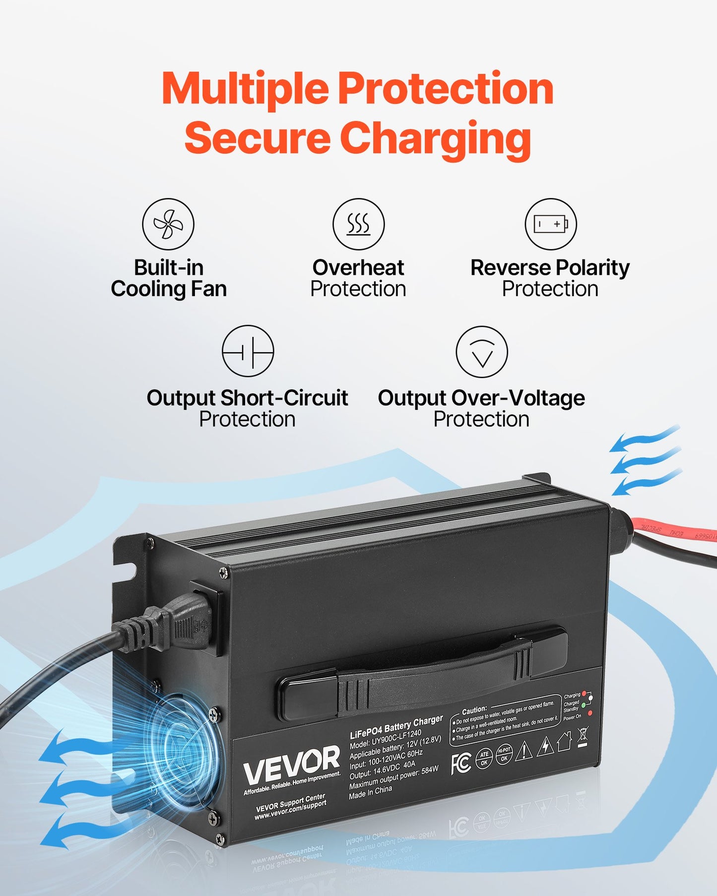 12V 40A Lithium Battery Charger, 14.6V, AC-DC LiFePO4 Smart Charger, with Anderson Connector, LED Indicator, 0V Activation, for Lithium LiFePO4 Deep Cycle Rechargeable Batteries of Boat, RV