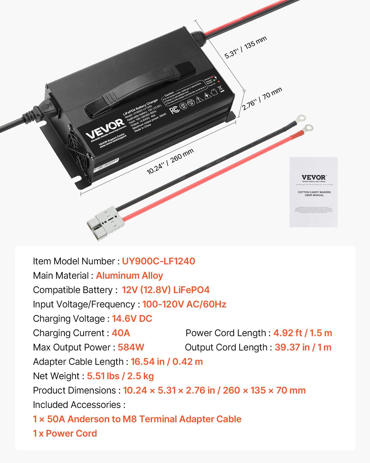 12V 40A Lithium Battery Charger, 14.6V, AC-DC LiFePO4 Smart Charger, with Anderson Connector, LED Indicator, 0V Activation, for Lithium LiFePO4 Deep Cycle Rechargeable Batteries of Boat, RV