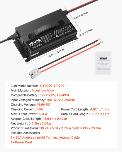12V 40A Lithium Battery Charger, 14.6V, AC-DC LiFePO4 Smart Charger, with Anderson Connector, LED Indicator, 0V Activation, for Lithium LiFePO4 Deep Cycle Rechargeable Batteries of Boat, RV