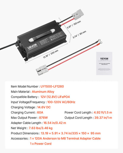 12V 60A Lithium Battery Charger, 14.6V, AC-DC LiFePO4 Smart Charger, with Anderson Connector, LED Indicator, 0V Activation, for Lithium LiFePO4 Deep Cycle Rechargeable Batteries of Boat, RV