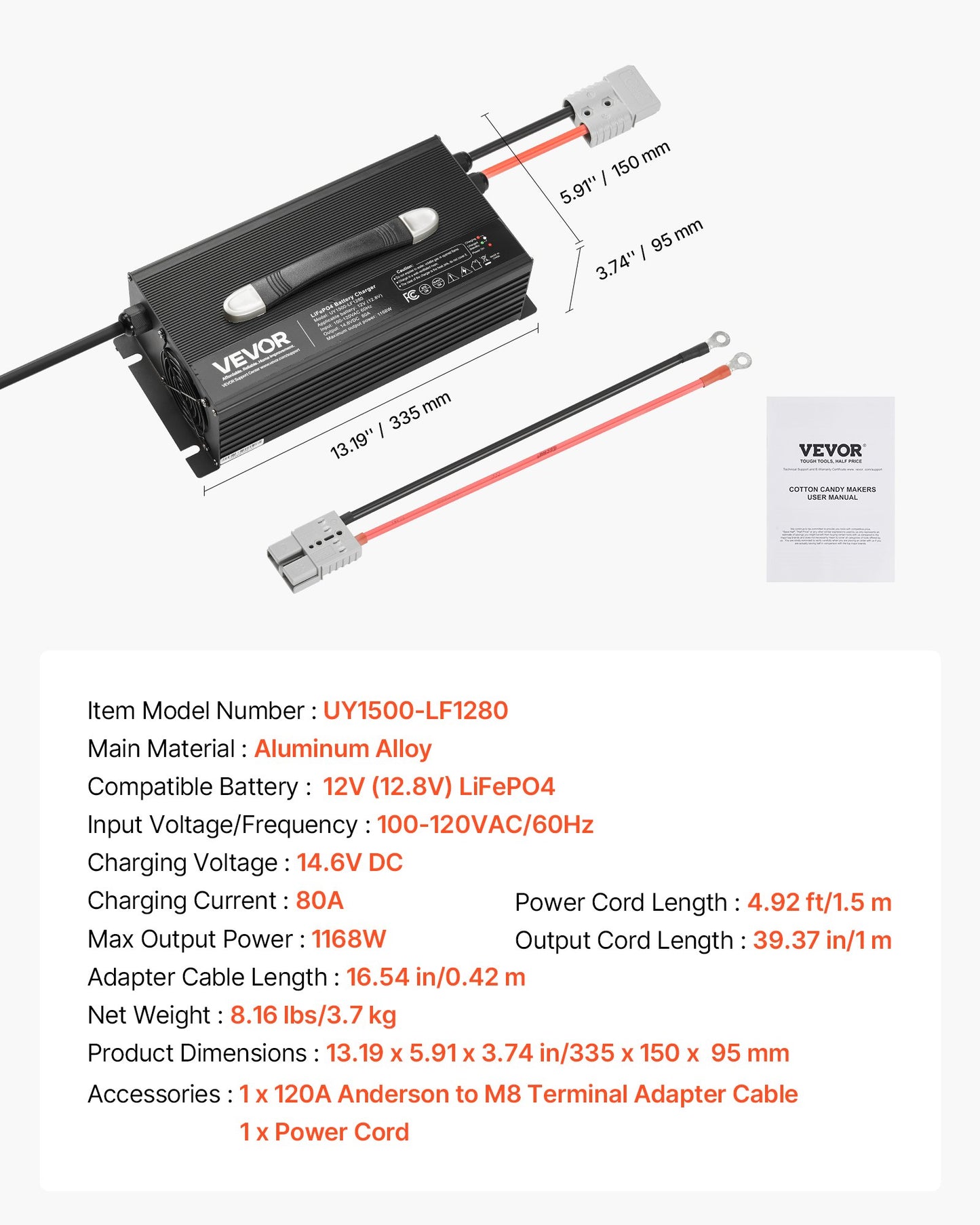 12V 80A Lithium Battery Charger, 14.6V, AC-DC LiFePO4 Smart Charger, with Anderson Connector, LED Indicator, 0V Activation, for Lithium LiFePO4 Deep Cycle Rechargeable Batteries of Boat, RV