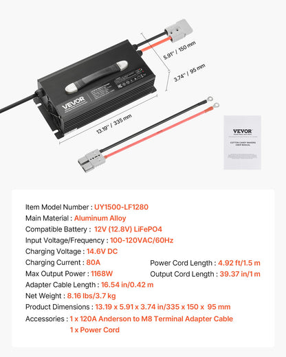 12V 80A Lithium Battery Charger, 14.6V, AC-DC LiFePO4 Smart Charger, with Anderson Connector, LED Indicator, 0V Activation, for Lithium LiFePO4 Deep Cycle Rechargeable Batteries of Boat, RV