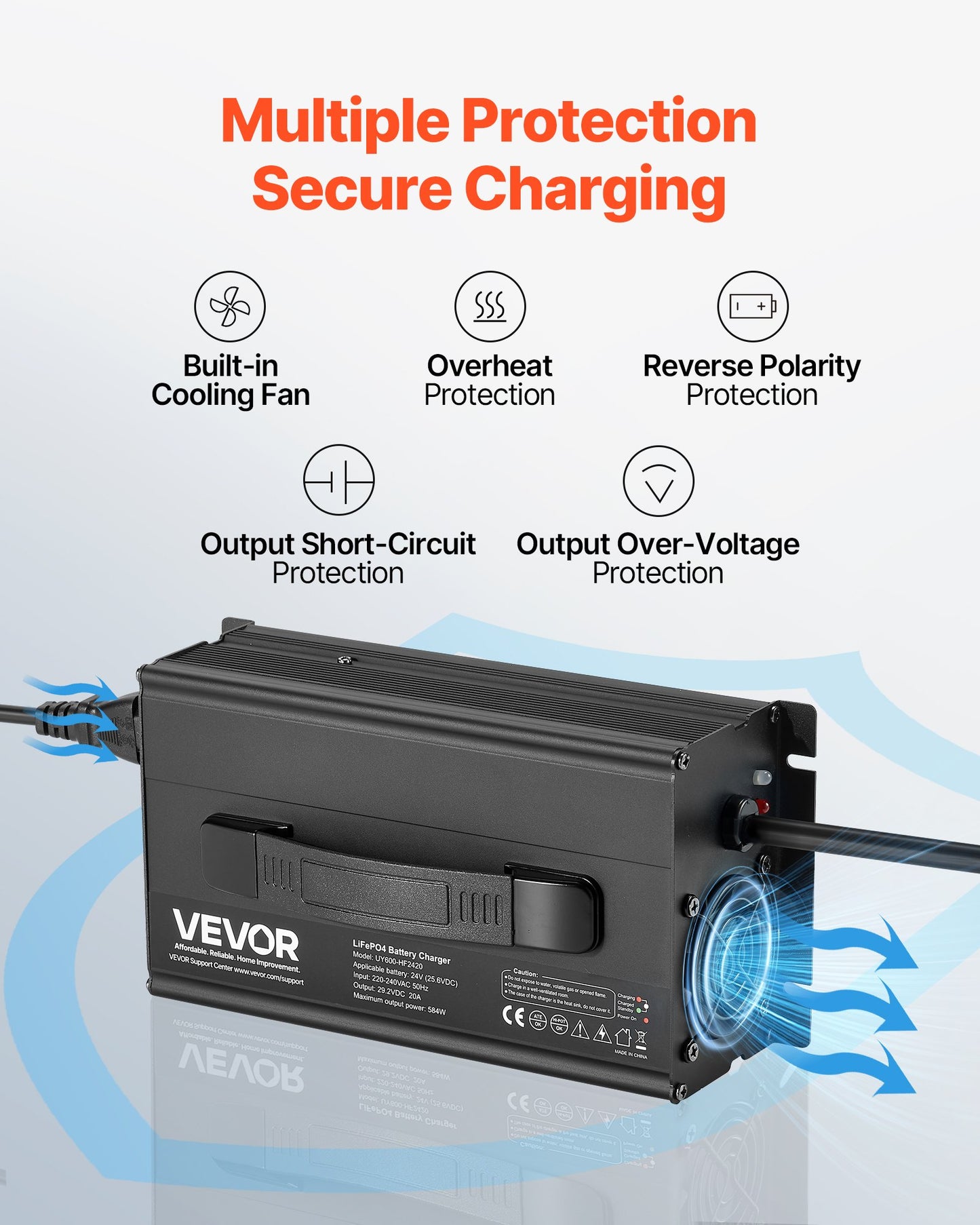 24V 20A Lithium Battery Charger, 29.2V, AC-DC LiFePO4 Smart Charger, with Anderson Connector, LED Indicator, 0V Activation, for Lithium LiFePO4 Deep Cycle Rechargeable Batteries of Boat, RV