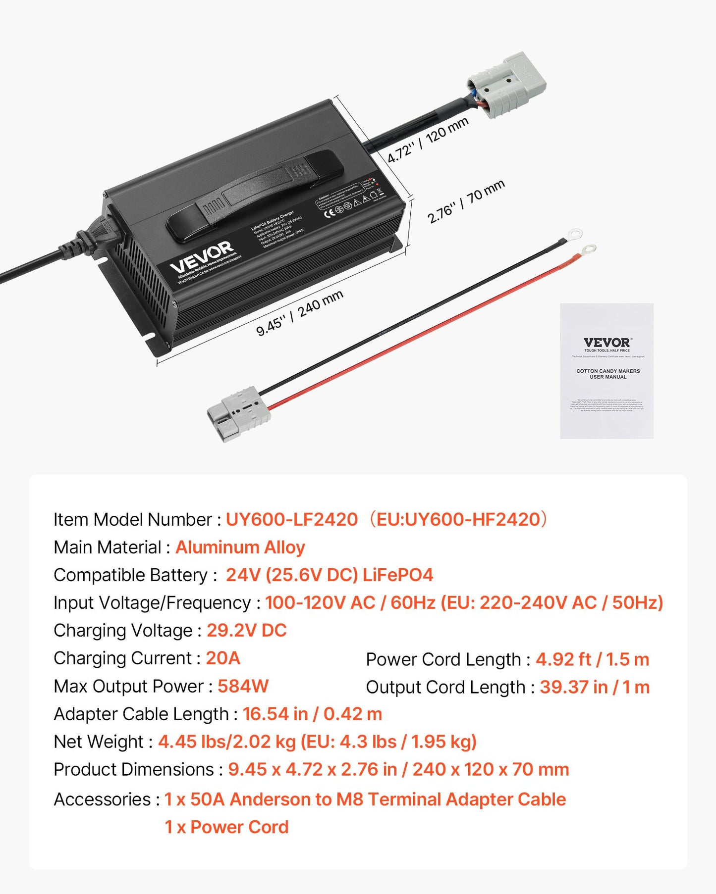 24V 20A Lithium Battery Charger, 29.2V, AC-DC LiFePO4 Smart Charger, with Anderson Connector, LED Indicator, 0V Activation, for Lithium LiFePO4 Deep Cycle Rechargeable Batteries of Boat, RV
