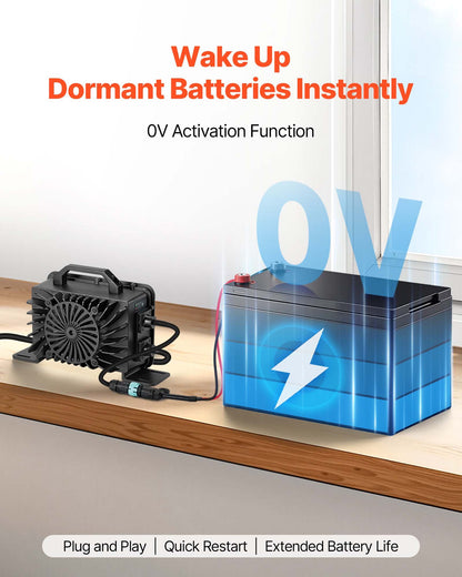 48V 18A Lithium Battery Charger, 58.4V, AC-DC LiFePO4 Smart Charger, with Waterproof Connector, LED Indicator, 0V Activation, for LiFePO4 Deep Cycle Rechargeable Batteries of Boat, RV, IP68