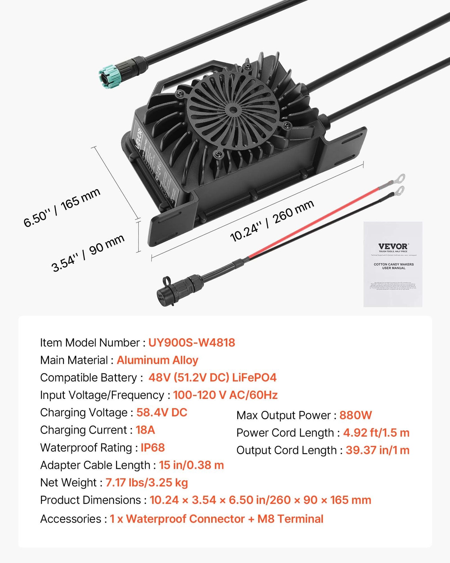 48V 18A Lithium Battery Charger, 58.4V, AC-DC LiFePO4 Smart Charger, with Waterproof Connector, LED Indicator, 0V Activation, for LiFePO4 Deep Cycle Rechargeable Batteries of Boat, RV, IP68