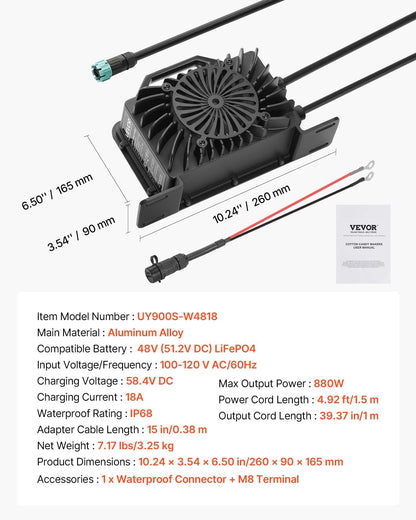 48V 18A Lithium Battery Charger, 58.4V, AC-DC LiFePO4 Smart Charger, with Waterproof Connector, LED Indicator, 0V Activation, for LiFePO4 Deep Cycle Rechargeable Batteries of Boat, RV, IP68
