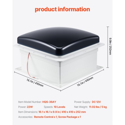 RV Ventil ceiling fan 14 inch 10-speed reversible with remote control