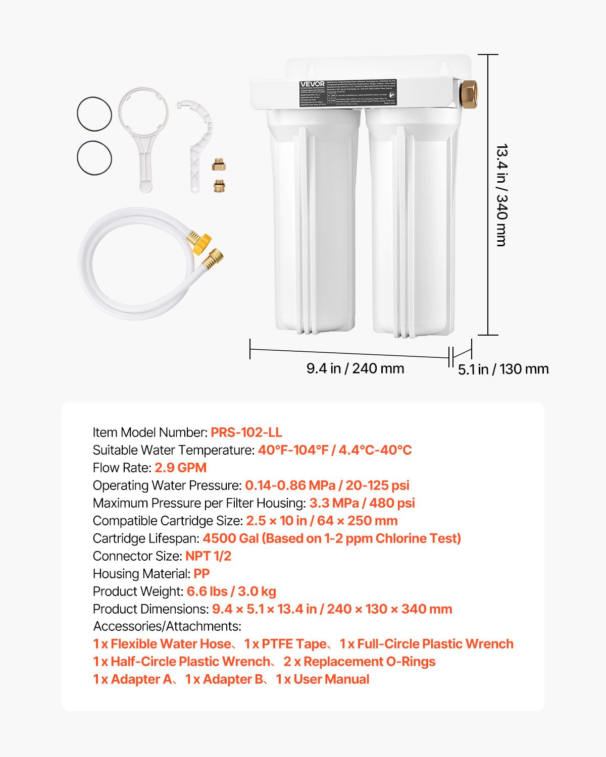 RV Water Filtration System, 2-Cartridge Water Filter System for Campers, Remove Sediments, Chlorine, Bad Tastes, Odors, and Most Contaminants, RV Filter for RVs, Boats, Vans