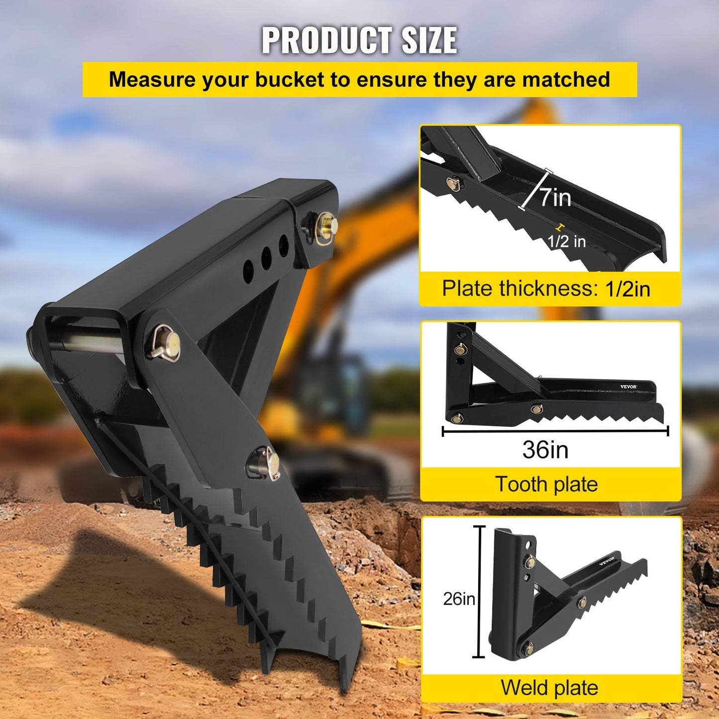 Excavator Thumb Attachment, 36 Inch Adjustable Extreme Welding On Excavator Thumb Claw Clamp 1/2 Inch Teeth Thick Steel Plate 16 MM Mounting Bolt-On Design