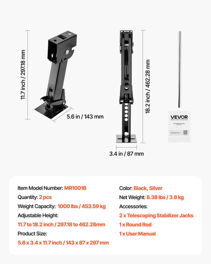 Telescoping Stabilizer Jack, 2PCS Telescoping Folding Trailer Jack, Trailer Swing Down Stabilizer Jack for RV Trailer, Supports 1000lbs Capacity Each, Adjustable from 11.7 inch to 18.2 inch