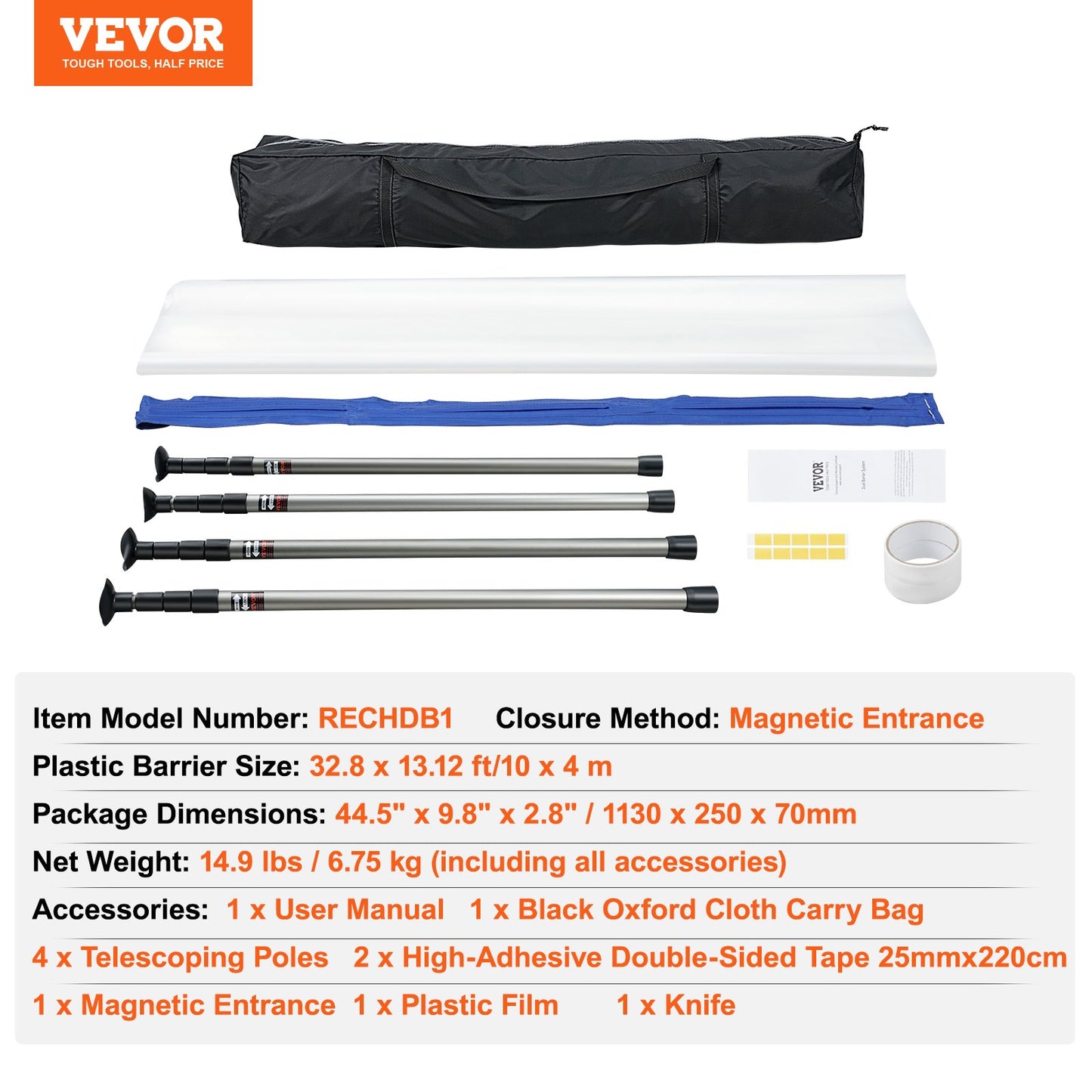 Dust Barrier Poles, 10 Ft Barrier Poles, Dust Barrier System with 4 Telescoping Poles, Carry Bag and 32.8x13.12 Ft Plastic Film, for Interior Decoration, Painting