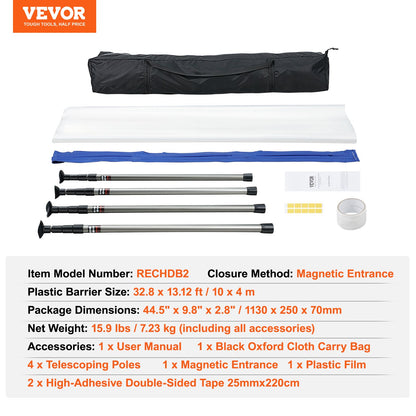 Dust Barrier Poles, 12 Ft Barrier Poles, Dust Barrier System with 4 Telescoping Poles, Carry Bag and 32.8x13.12 Ft Plastic Film, for Interior Decoration, Painting