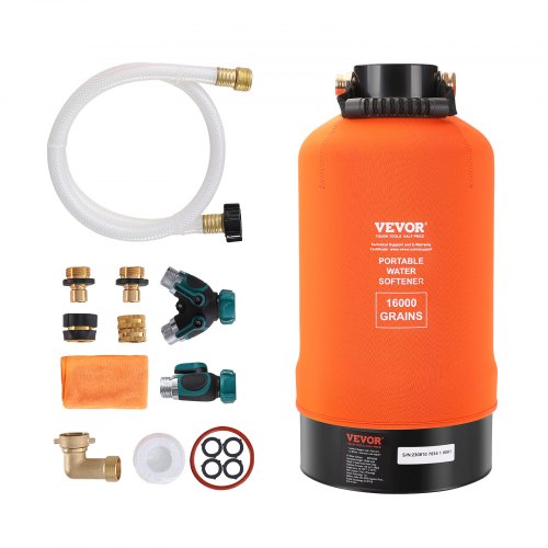 RV Water Softener, 16,000 Grain Portable Water Softener, with 3/4" Brass Fittings and 42" Hose, Soften Hard Water Filter System for RVs, Trailers, Boats, Mobile Car Washing, Pressure Washing