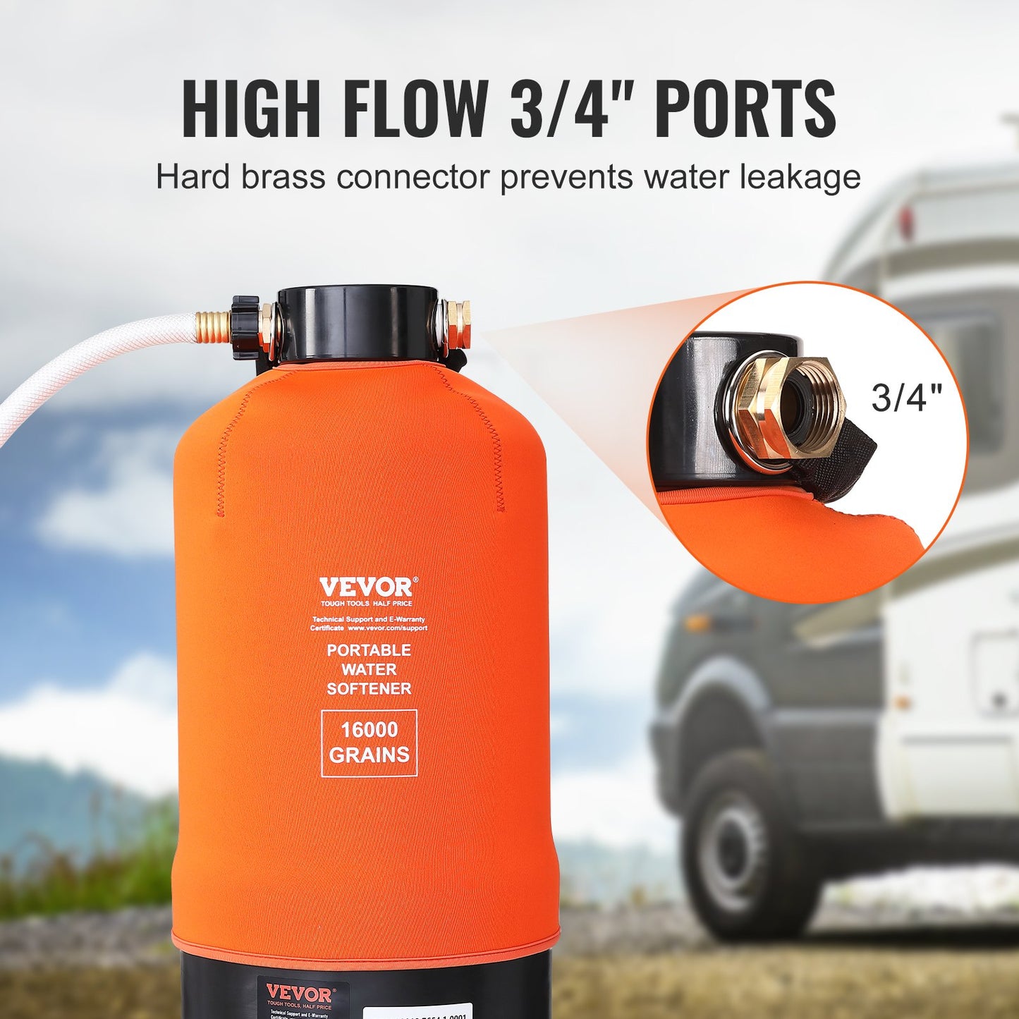 RV Water Softener, 16,000 Grain Portable Water Softener, with 3/4" Brass Fittings and 42" Hose, Soften Hard Water Filter System for RVs, Trailers, Boats, Mobile Car Washing, Pressure Washing