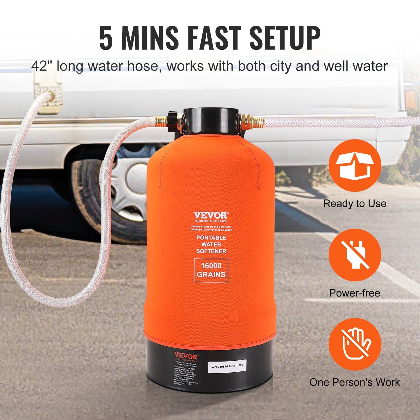 RV Water Softener, 16,000 Grain Portable Water Softener, with 3/4" Brass Fittings and 42" Hose, Soften Hard Water Filter System for RVs, Trailers, Boats, Mobile Car Washing, Pressure Washing