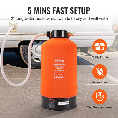 RV Water Softener, 16,000 Grain Portable Water Softener, with 3/4" Brass Fittings and 42" Hose, Soften Hard Water Filter System for RVs, Trailers, Boats, Mobile Car Washing, Pressure Washing