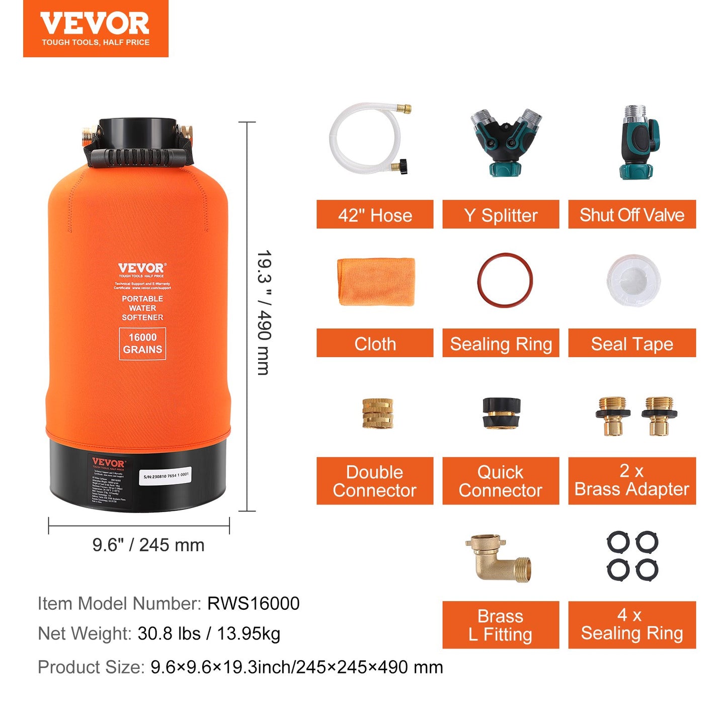 RV Water Softener, 16,000 Grain Portable Water Softener, with 3/4" Brass Fittings and 42" Hose, Soften Hard Water Filter System for RVs, Trailers, Boats, Mobile Car Washing, Pressure Washing