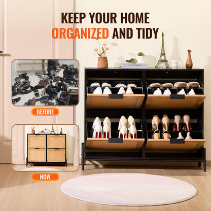 Rattan-Schuhschrank, Schuhaufbewahrungs-Organizer mit 4 Klappschubladen