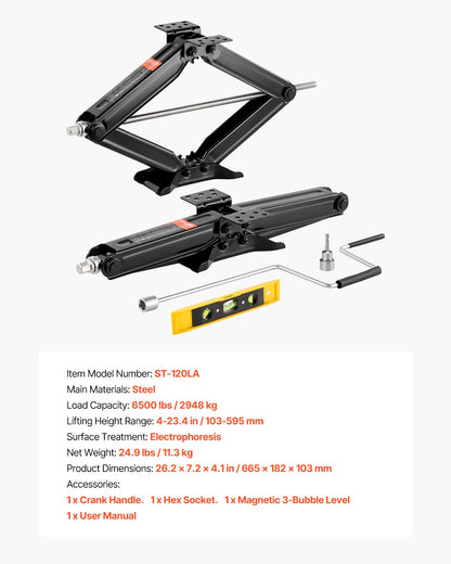 6500 lbs RV Scissor Jacks, 4-23.4 in RV Stabilizer Leveling Scissor Jacks, Set of 2, Heavy Duty Stabilizer Jack with Crank Handle, Socket and Bubble Levels, Not Easily Bent or Deformed