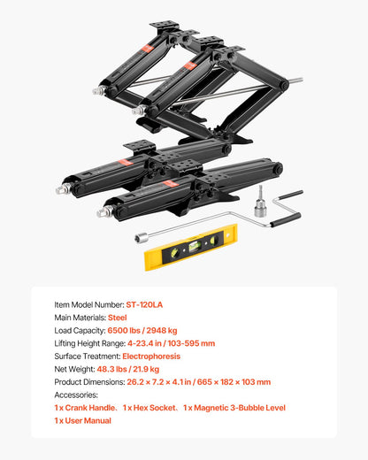 6500 lbs RV Scissor Jacks, 4-23.4 in RV Stabilizer Leveling Scissor Jacks, Set of 4, Heavy Duty Stabilizer Jack with Crank Handle, Socket and Bubble Levels, Not Easily Bent or Deformed