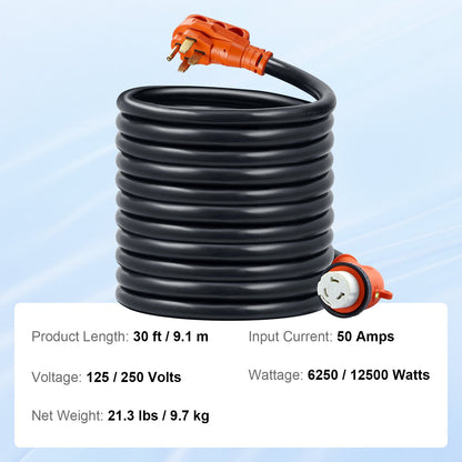 30 Feet RV Power Cord, 50 Amp, Heavy Duty STW 6/3 + 8/1 Generator Cord, NEMA 14-50P Male NEMA SS2-50R Female Plug, with LED Indicator Handle 15A Adapter, for RVs, generators, campers, ETL Listed