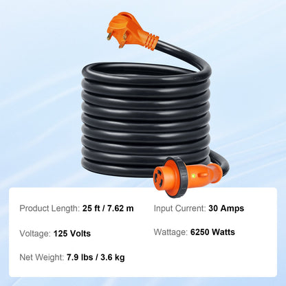 25 ft RV Power Cord Generator Cord 30A NEMA TT-30P/ NEMA L5-30R ETL Listed