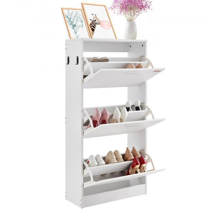 Shoe Cabinet with 3 Flip Drawers, Shoe Storage Cabinet for Entryway, Free Standing Shoe Storage Organizer with Side Hooks for Heels, Boots, Slippers in Hallway, Living Room