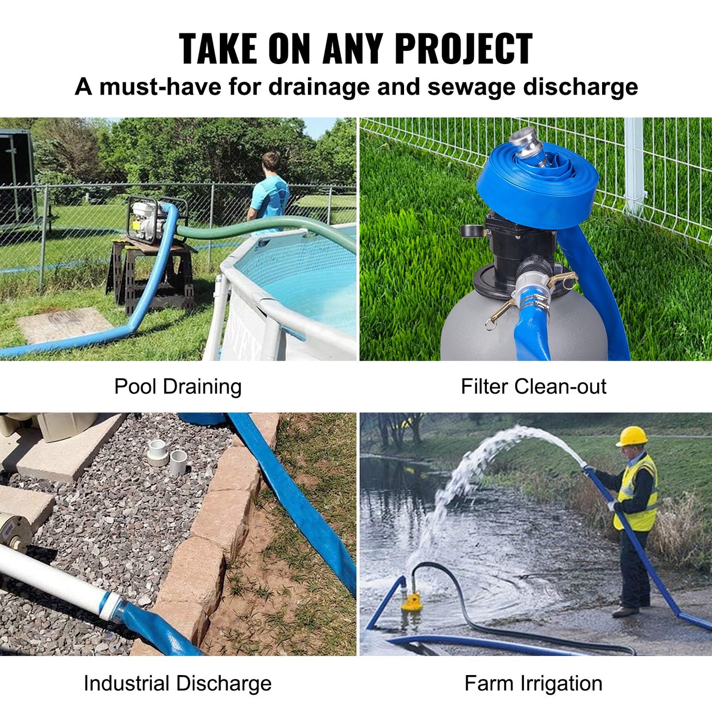 Backwash-slang, 2 tum x 50 fot, kraftig PVC platt poolutloppsslang med aluminium Camlock C & E-kopplingar, klämmor, kompatibel med pumpar, sandfilter, för simbassänger avloppsvattenavlopp, blå