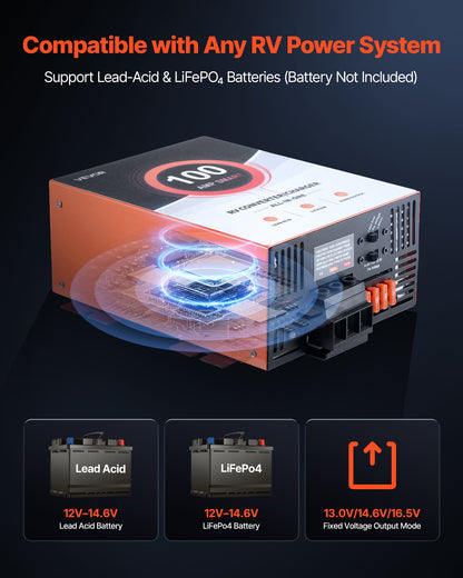 RV Power Converter, 100 Amp, 110V AC to 12V DC RV Converter Battery Charger, Multi Stage Smart Charging, 13V to 16.5V Operating Range, Compatible with Lithium & Lead Acid Battery, for Camper