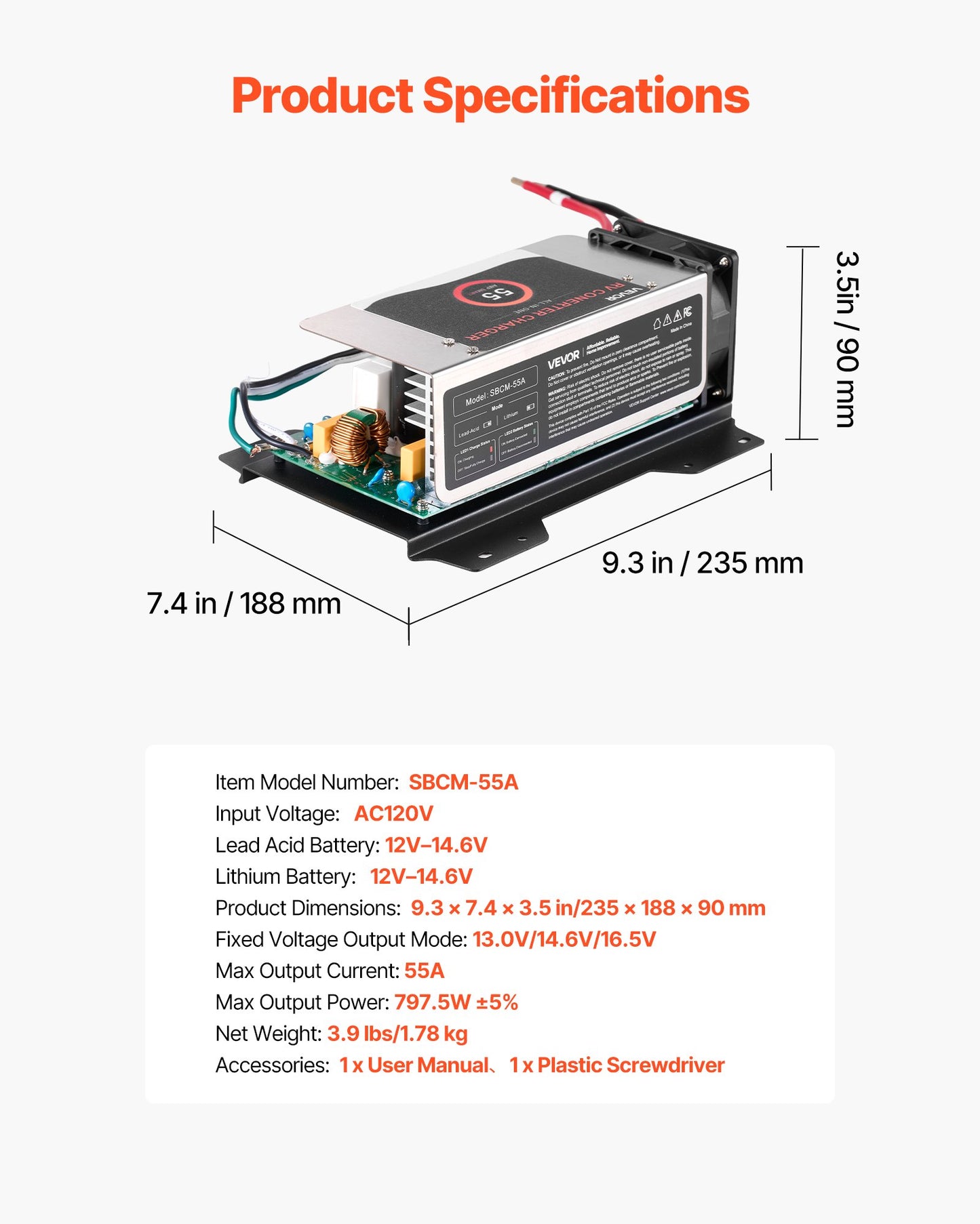 WF-8955-AD-MBA RV Power Converter, 55 Amp, DC Main Board Assembly Replacement Unit, Multi-Stage Smart Charge for Lithium Lead Acid Battery, for WF-8955, WF-8955-AD, and Parallax 7145 7155 Series