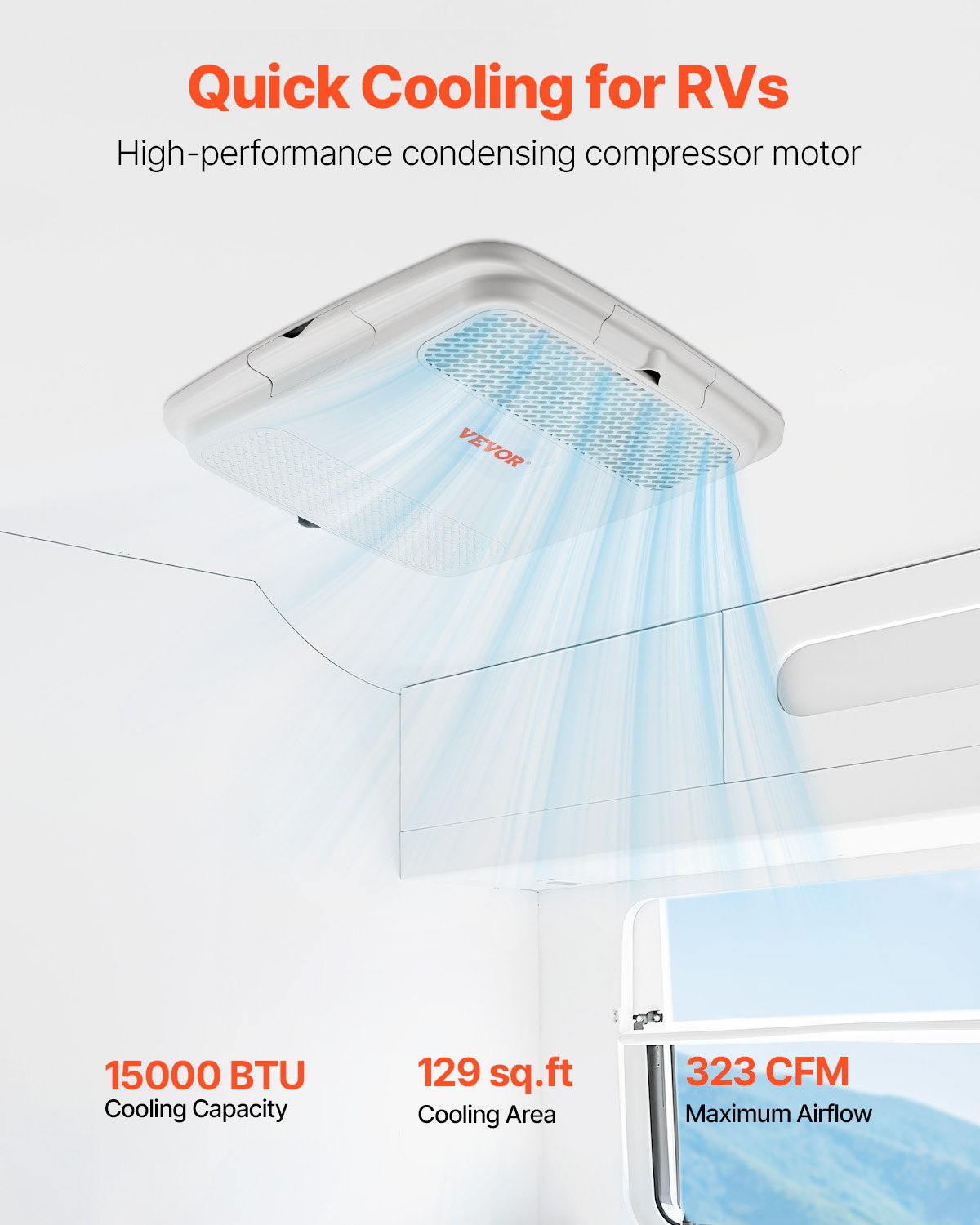 RV Air Conditioner, 15000 BTU Non-Ducted Rooftop RV AC Unit, 65 dB Quiet Design, Including Air Distribution Box, Operation Panel and Installation Hardware, for Campers, Vans, Trailers, White