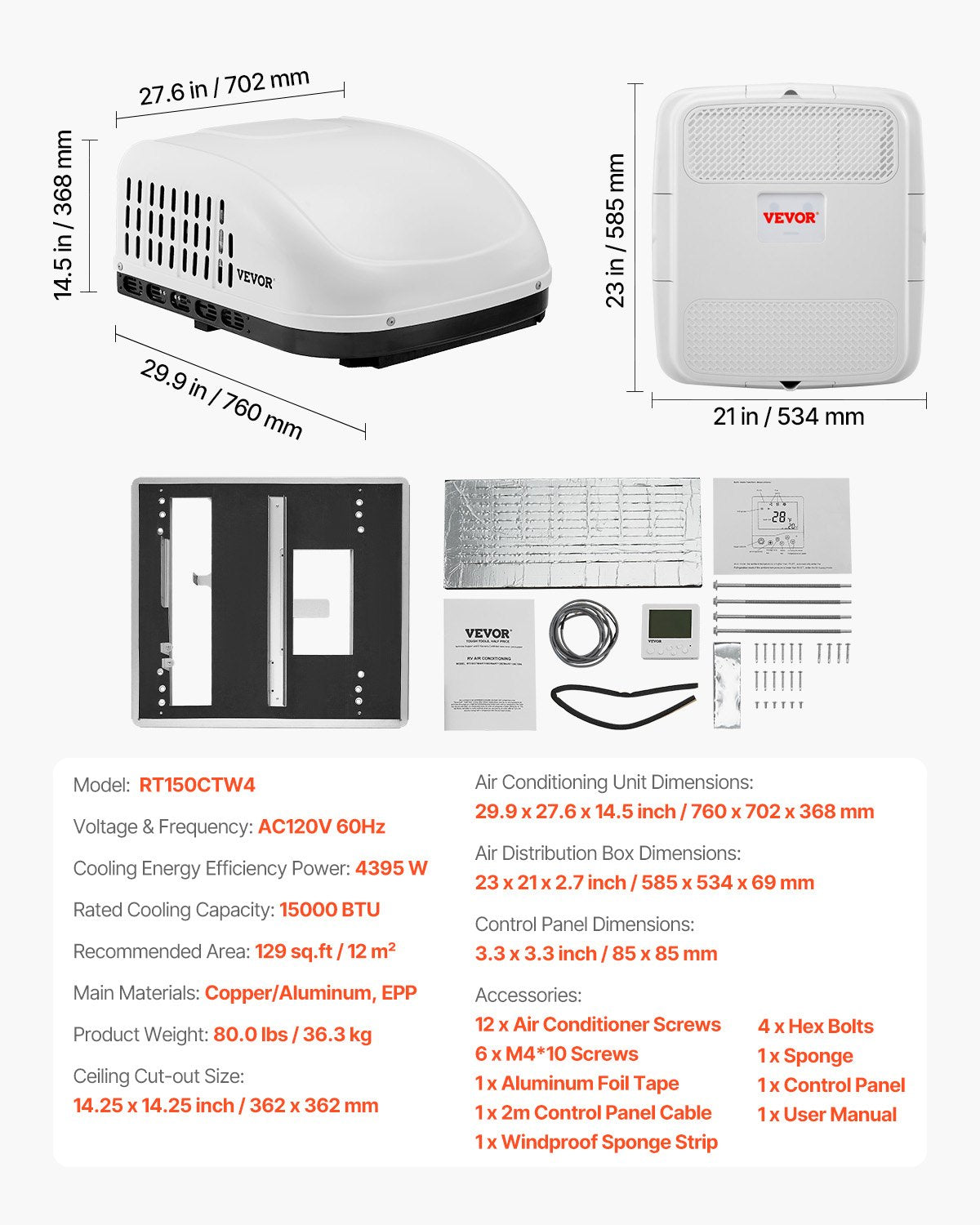 RV Air Conditioner, 15000 BTU Non-Ducted Rooftop RV AC Unit, 65 dB Quiet Design, Including Air Distribution Box, Operation Panel and Installation Hardware, for Campers, Vans, Trailers, White