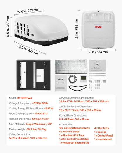 RV Air Conditioner, 15000 BTU Non-Ducted Rooftop RV AC Unit, 65 dB Quiet Design, Including Air Distribution Box, Operation Panel and Installation Hardware, for Campers, Vans, Trailers, White