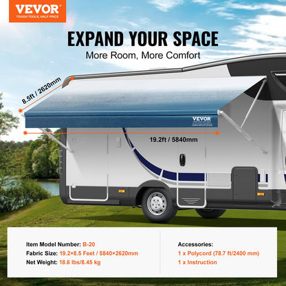 RV Awning Fabric Replacement, 19'2" Fabric Length for 20' Awning, Heavy Duty 3-Ply 16oz PVC Camper Awning Fabric, Waterproof & UV Protection Outdoor Canopy for RV, Trailer, Motorhome, Blue Fade
