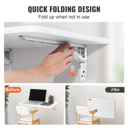 Wall Mounted Folding Table, Wall Mount Drop Leaf Tables, Wooden Floating Desk for Dining, Laundry Room, Office, 23.6" x 15.6" Fold Down Desk with Carbon Steel Bracket